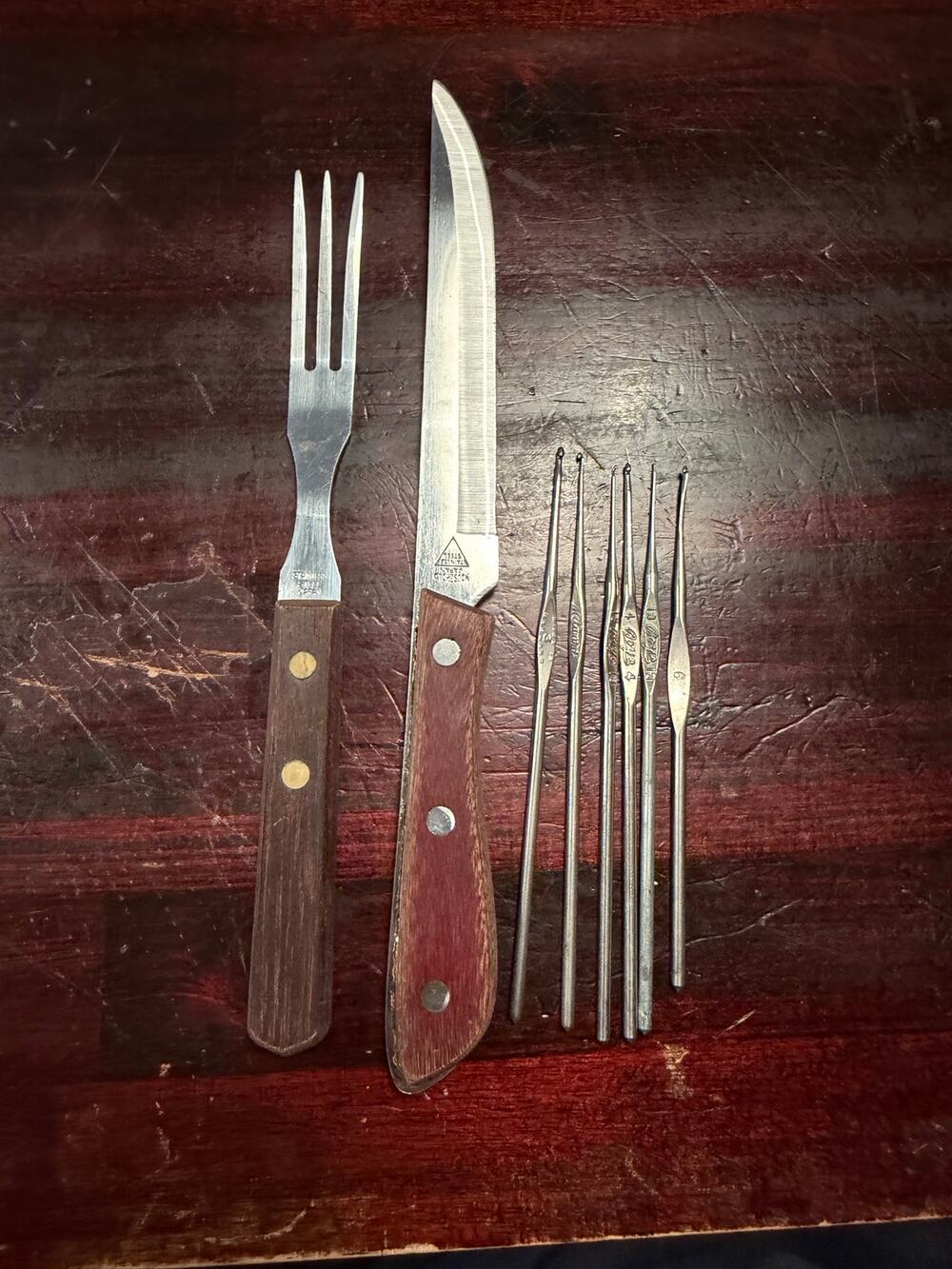Vintage Emperor Steel Steak Knife/ Meat Fork Lot & 6 Fine Steel Crochet Hooks